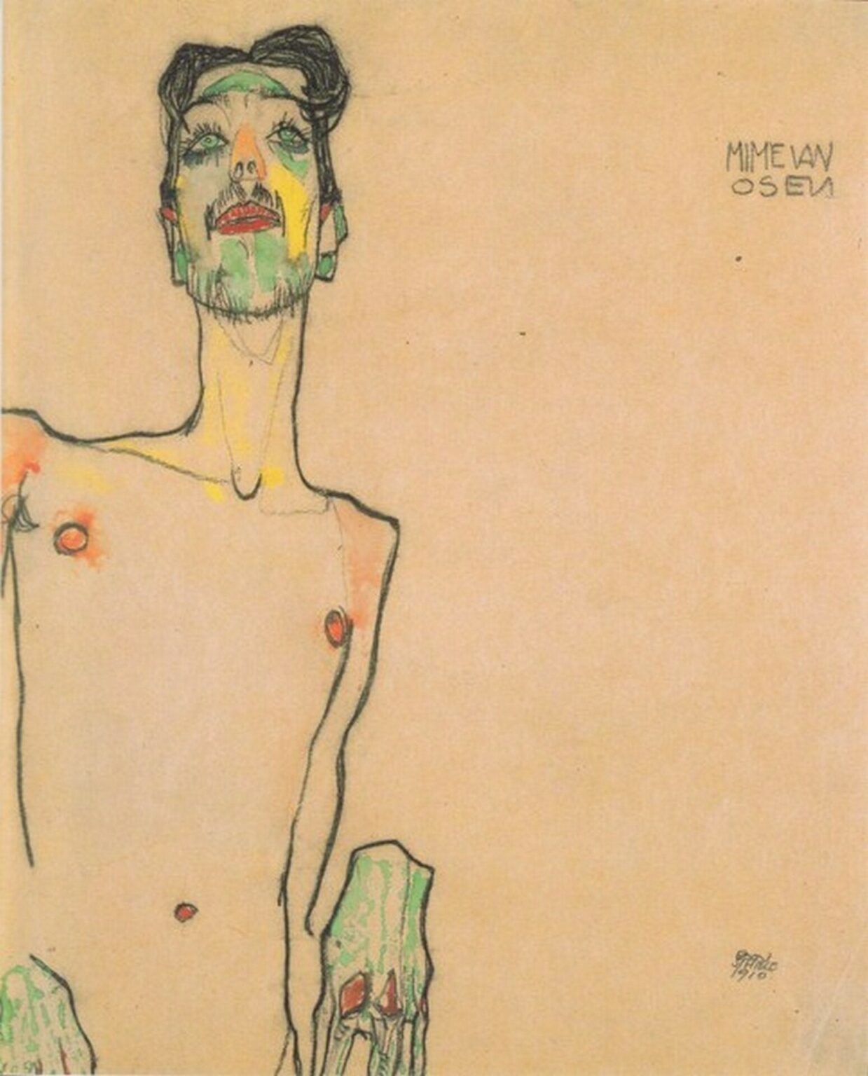 Schiele Akt mit erhobenen Handgelenken (Mime van Osen, 1910)