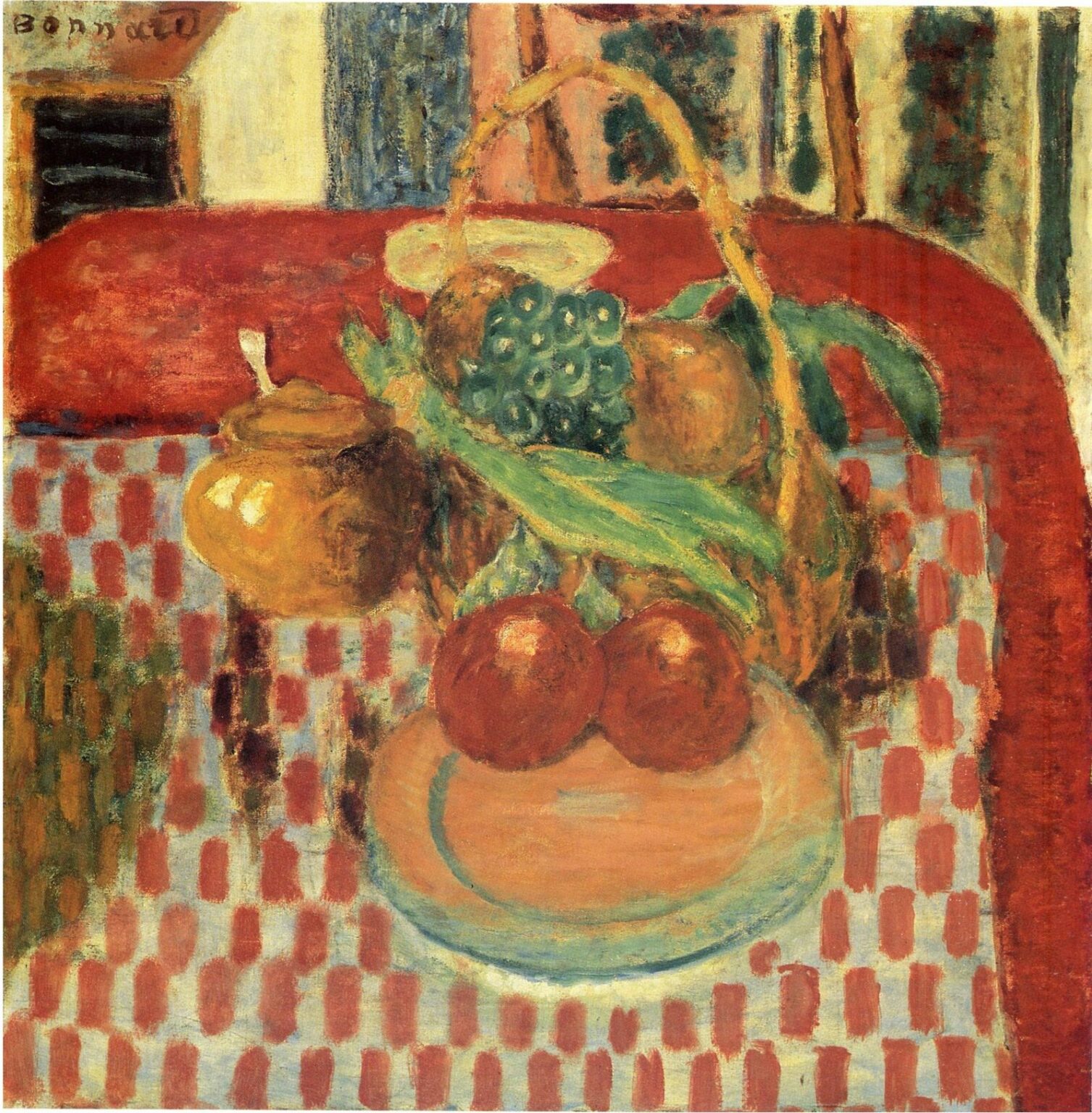 Bonnard Basket and plate of fruit on a red checkered tablecloth