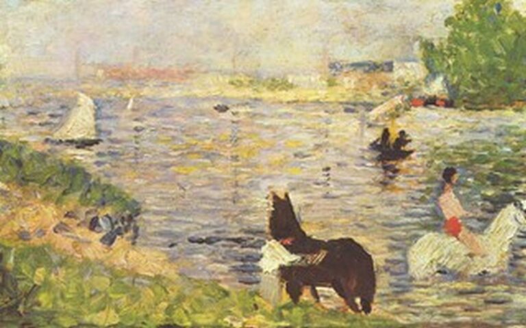 Seurat Cheval blanc et noir dans la rivière