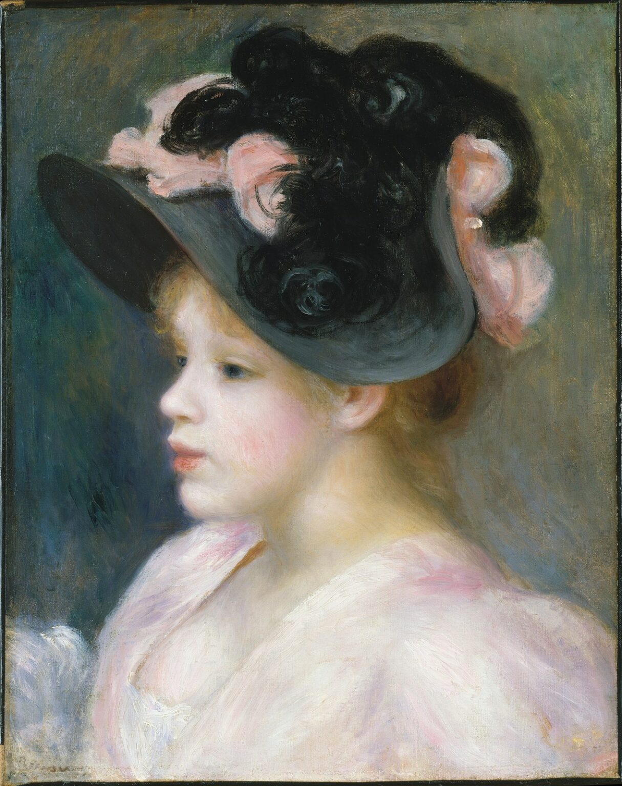 Renoir Chica joven con un sombrero rosa y negro