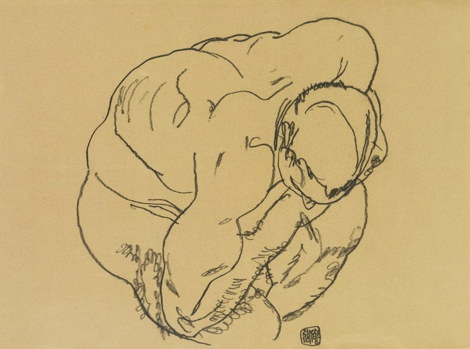 Schiele Crouching Male Nude (1918)