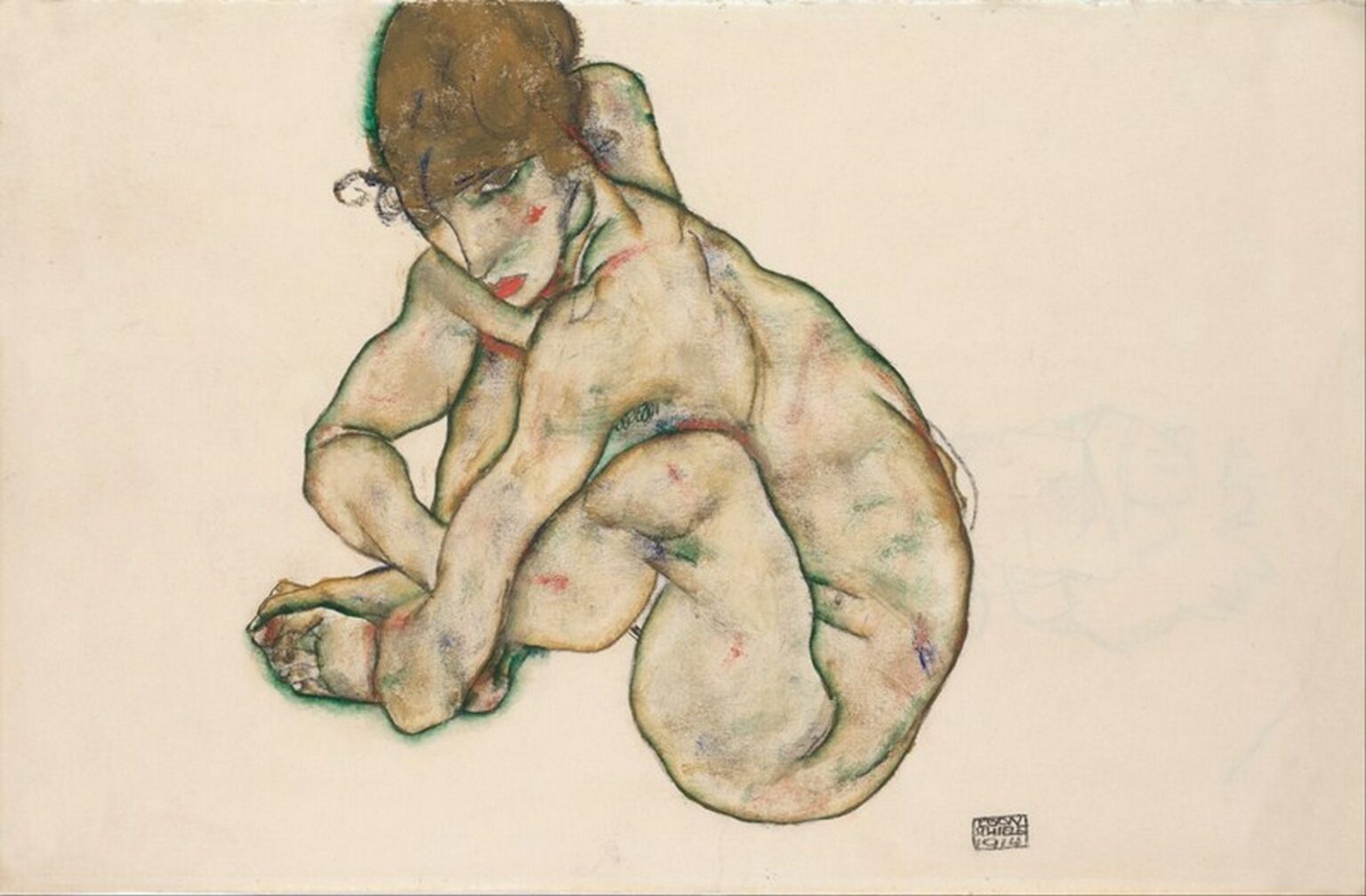 Schiele Crouching nude (1914)
