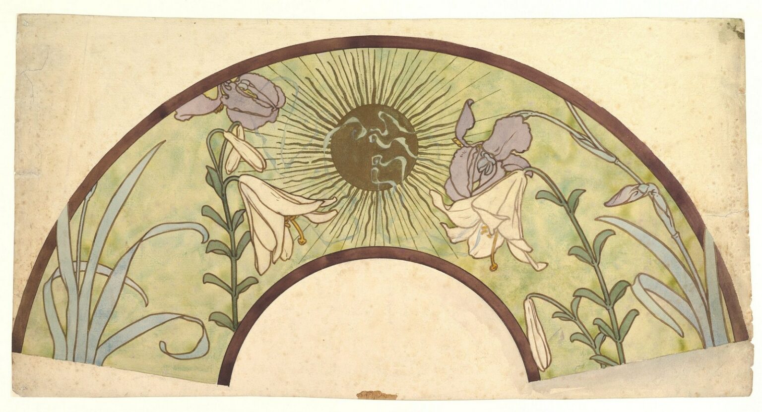 Mucha Design for a Fan with Sunburst, Lilies and Irises