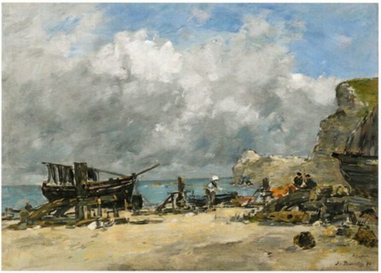 Boudin Étretat, bateaux de pêche et pêcheurs sur la plage (1890)