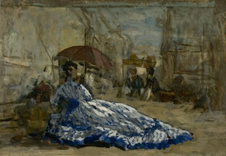 Boudin Femme en robe bleue sous un parasol