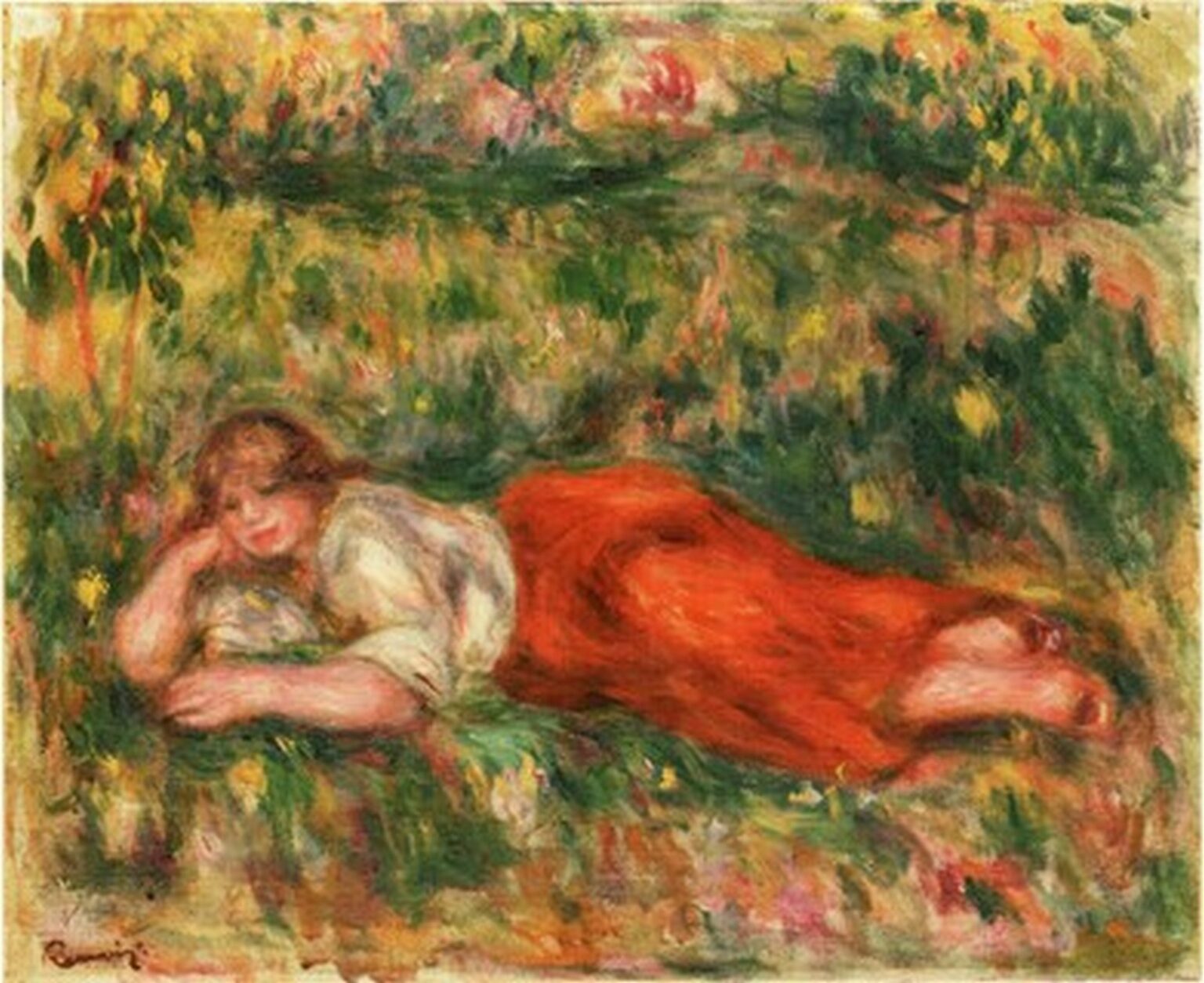 Renoir Femme en rouge et blanc couchée dans l'herbe (1918-19)