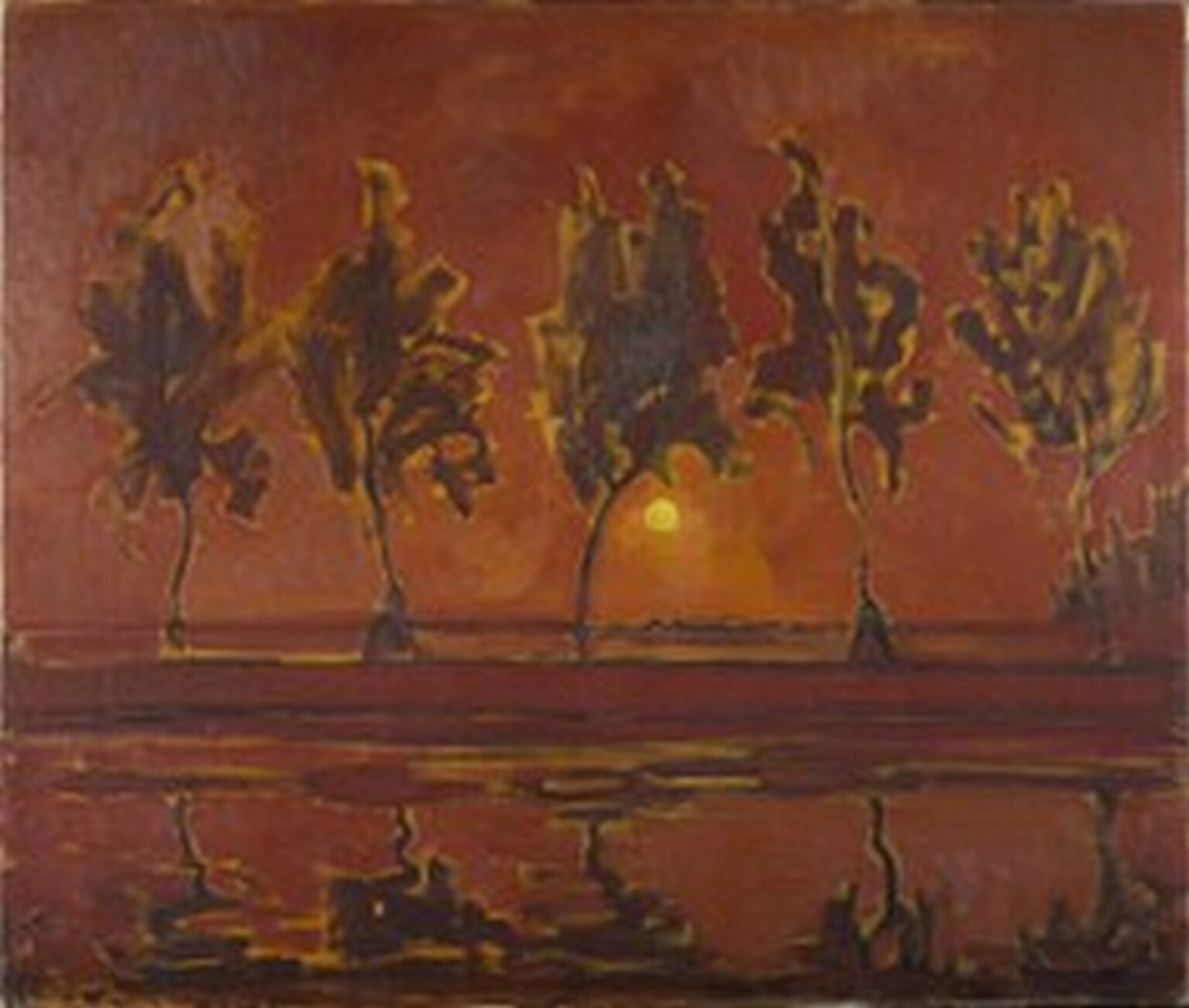 Mondrian Fünf Baum Silhouetten an der Gein mit Mond (1907)