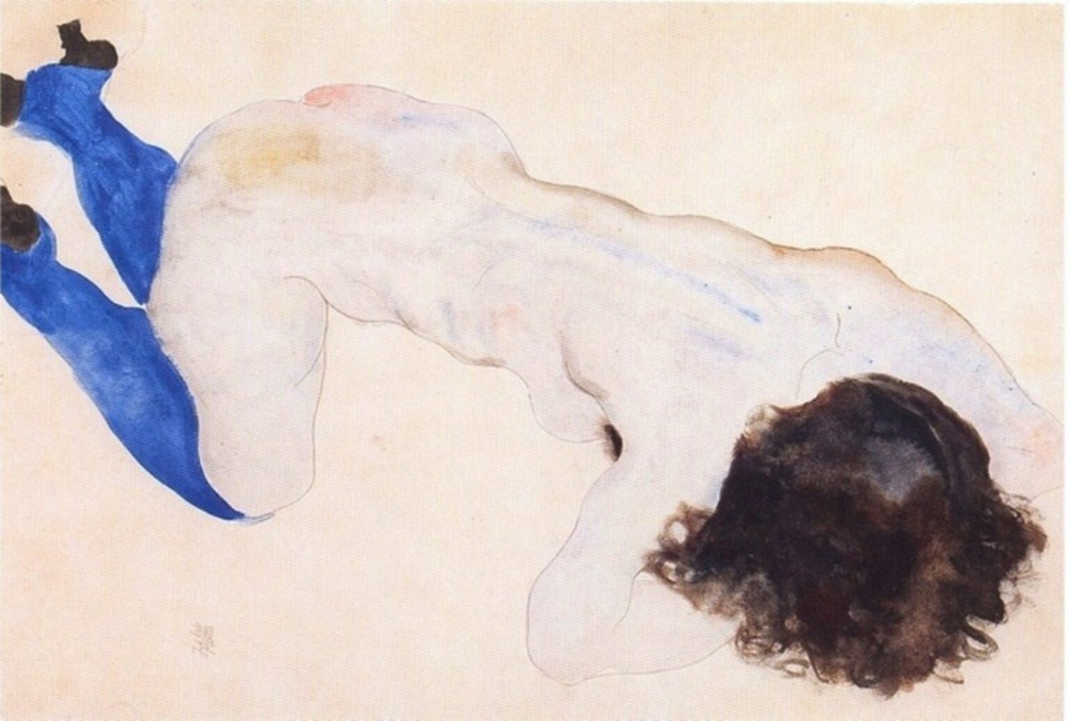 Schiele Kauernde mit blauen Strümpfen (Crouching woman with blue stockings, 1912)