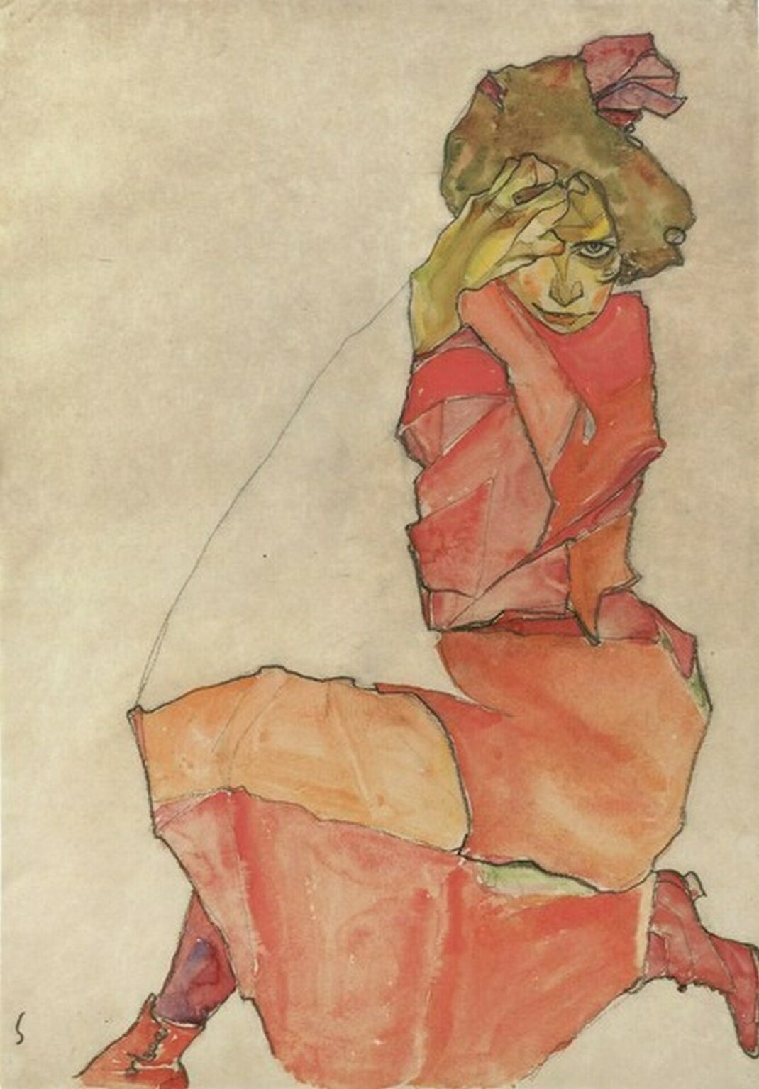 Schiele Kneeling Female in Orange-Red Dress (1910)