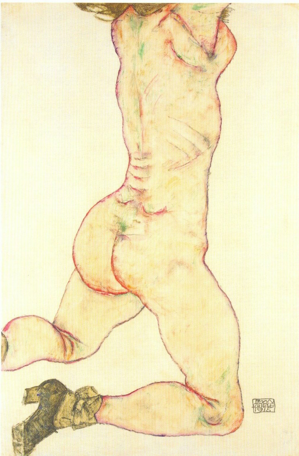 Schiele Kneeling female nude, back view (1915)