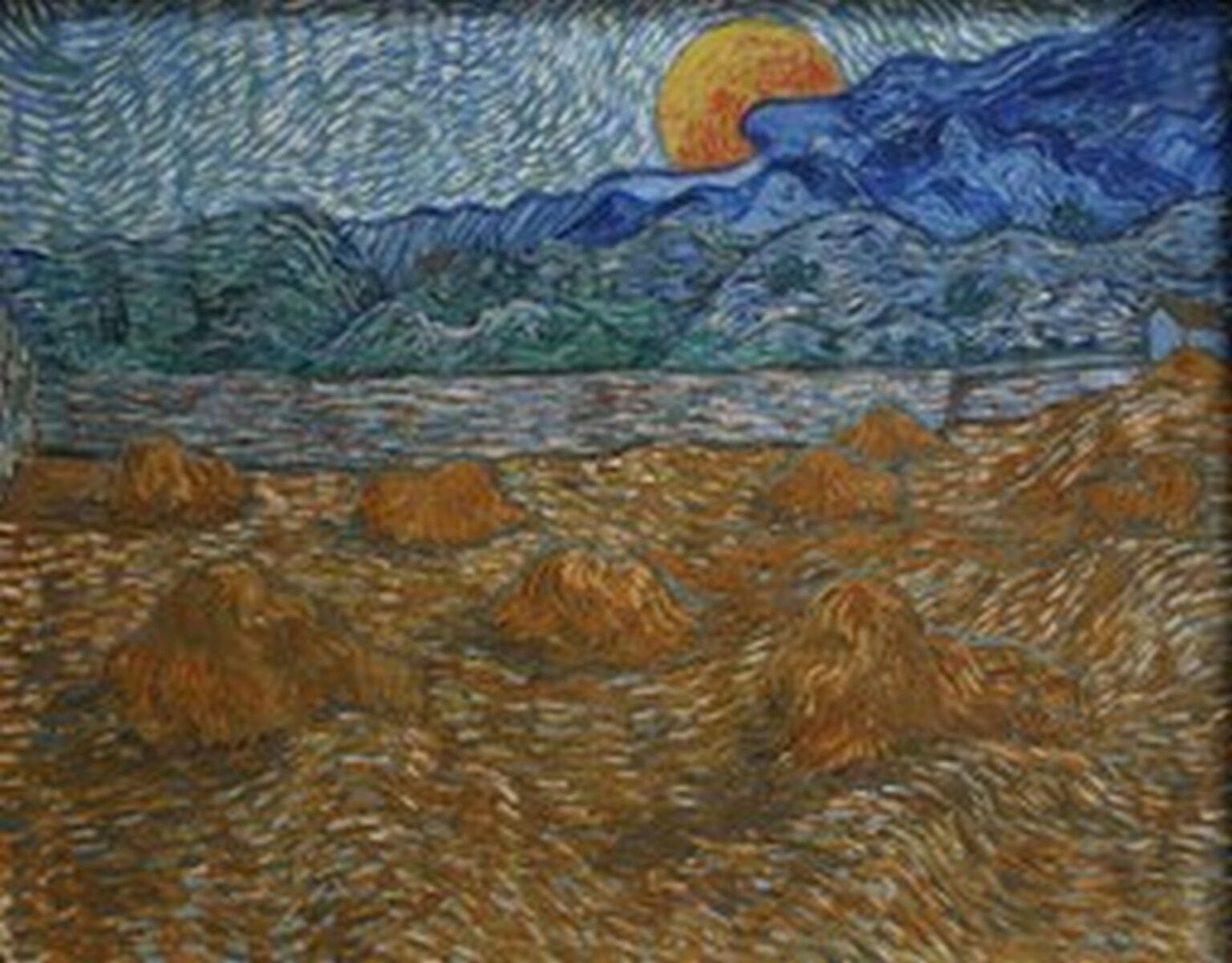 Van Gogh Landscape with wheat sheaves and rising moon (1889)
