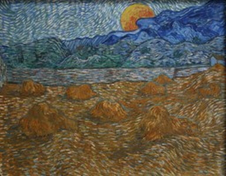 Van Gogh Landscape with wheat sheaves and rising moon (1889)