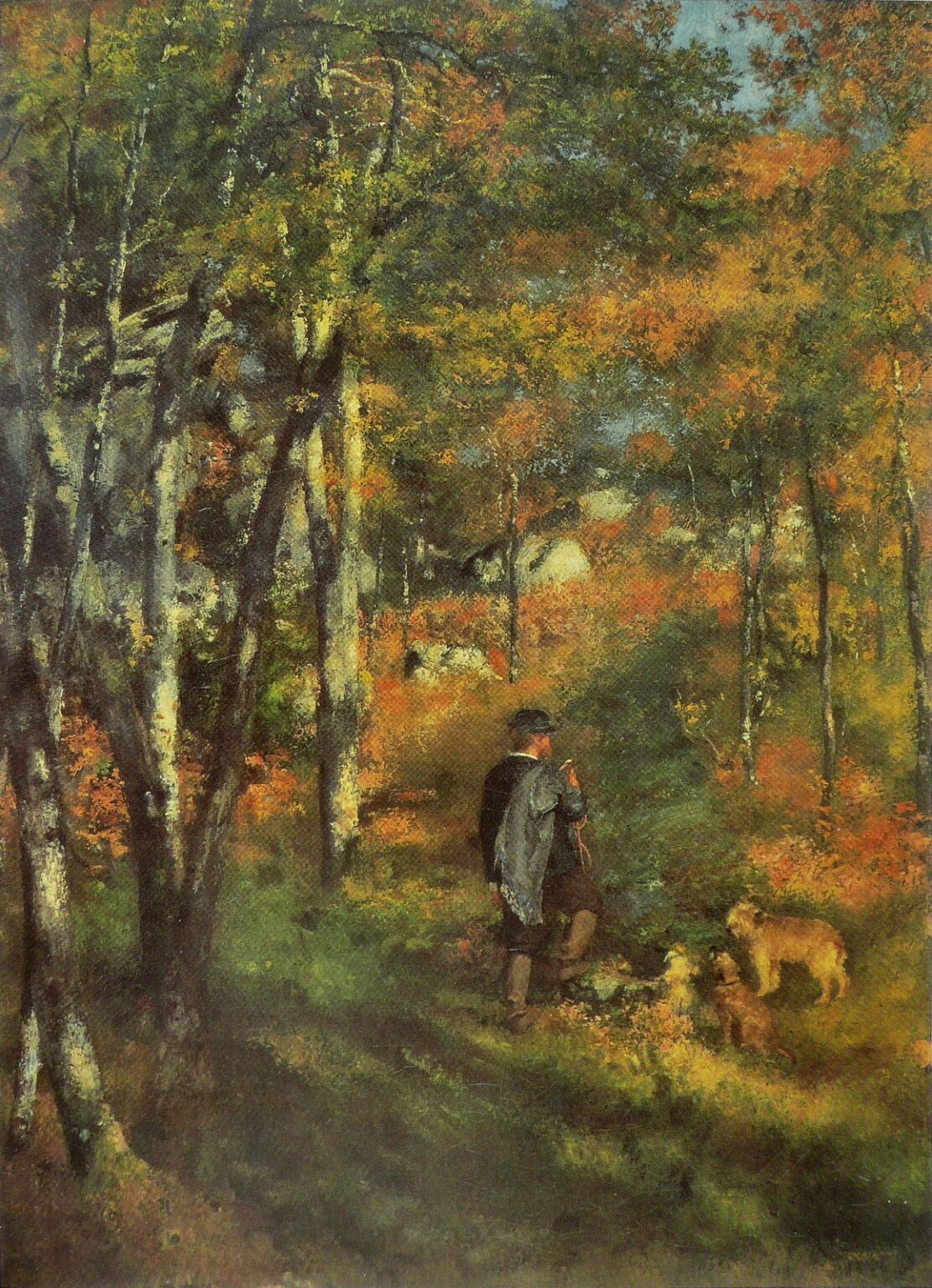 Renoir Le peintre Jules Le Coeur y sus perros en el bosque de Fontainebleau (1866)