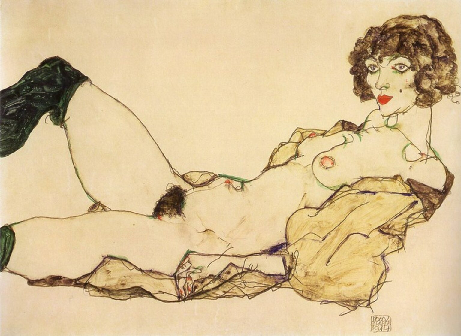 Schiele Liegend mit grünen Strümpfen (Reclining Nude in Green Stockings ,1914)