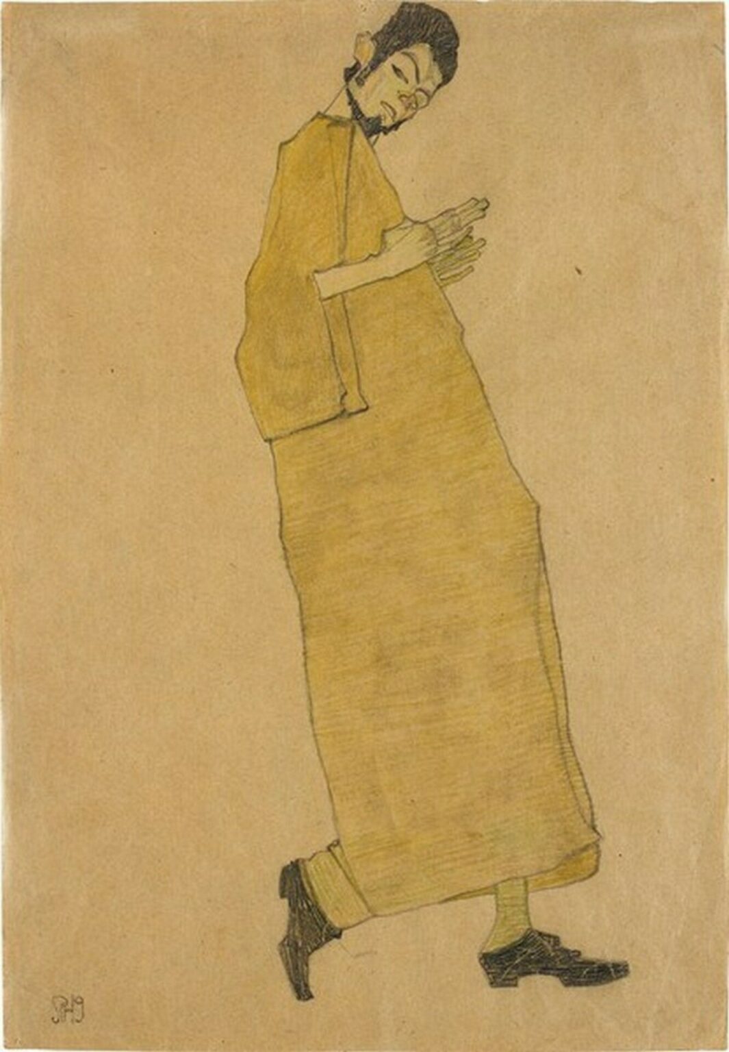 Schiele Manliche Figur nach rechts (Selbstporträt) (Male Figure Facing Right (Self Portrait, 1909))