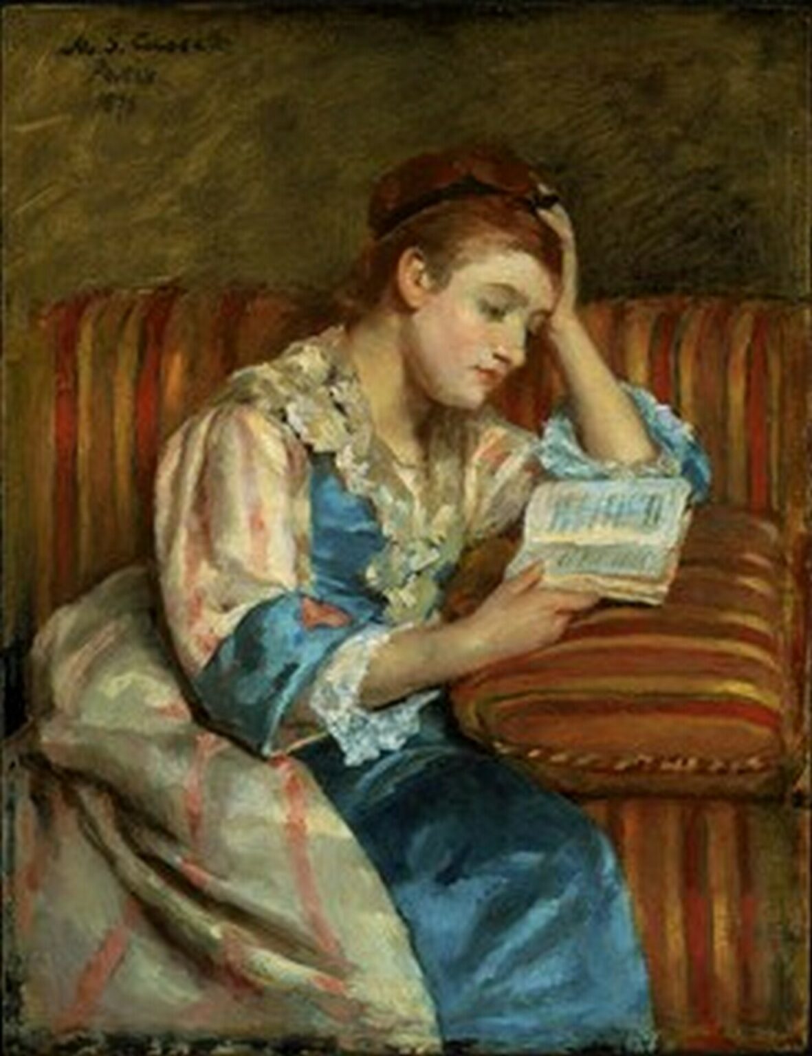 Cassatt Mrs. Duffee Seated on a Striped Sofa, Reading (1876)
