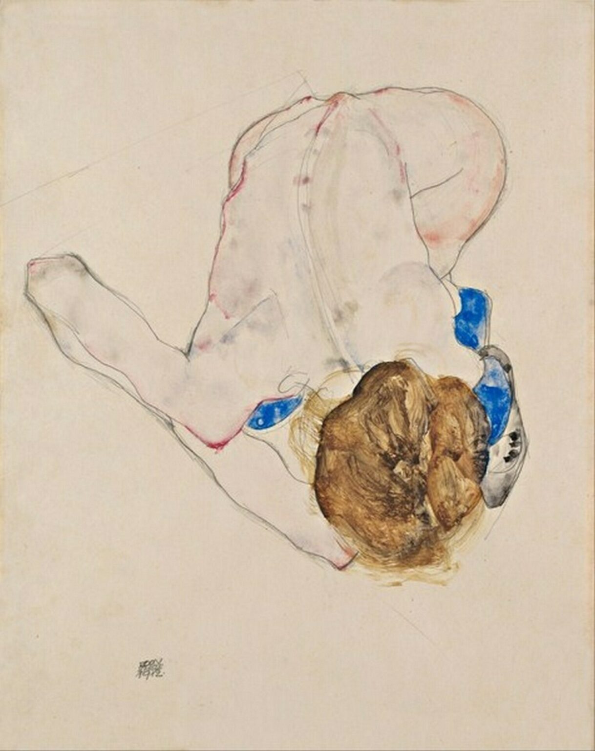 Schiele Nude with Blue Stockings, Bending Forward (1912)