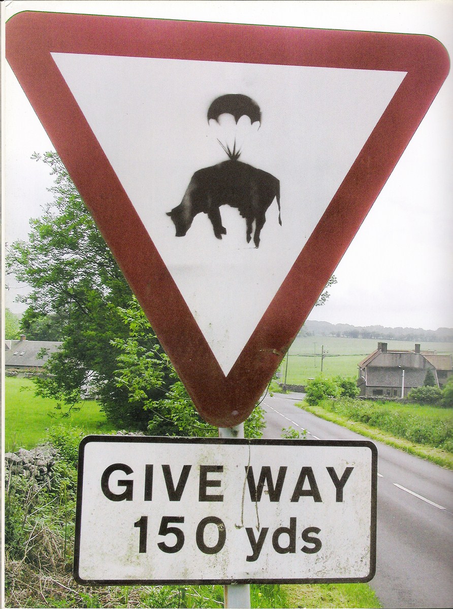 Banksy Parachute Cow, StraßenschildRoad Sign (Slow Down)