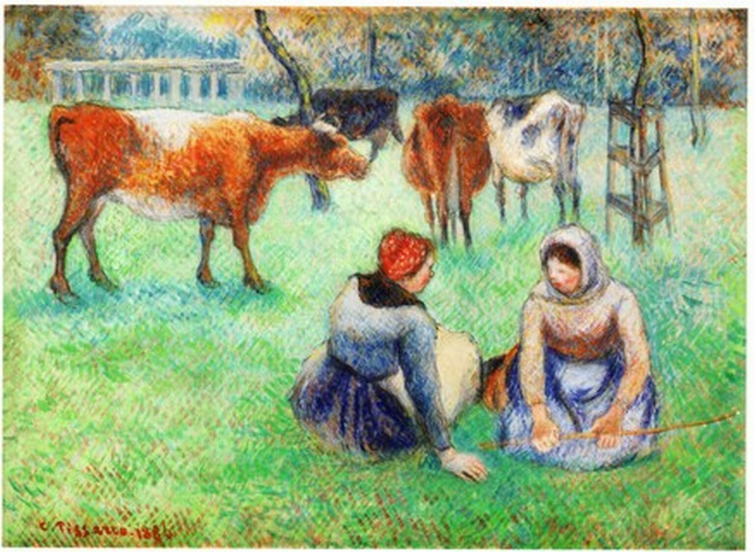 Pissarro Paysage assises gardant des vaches (1886)