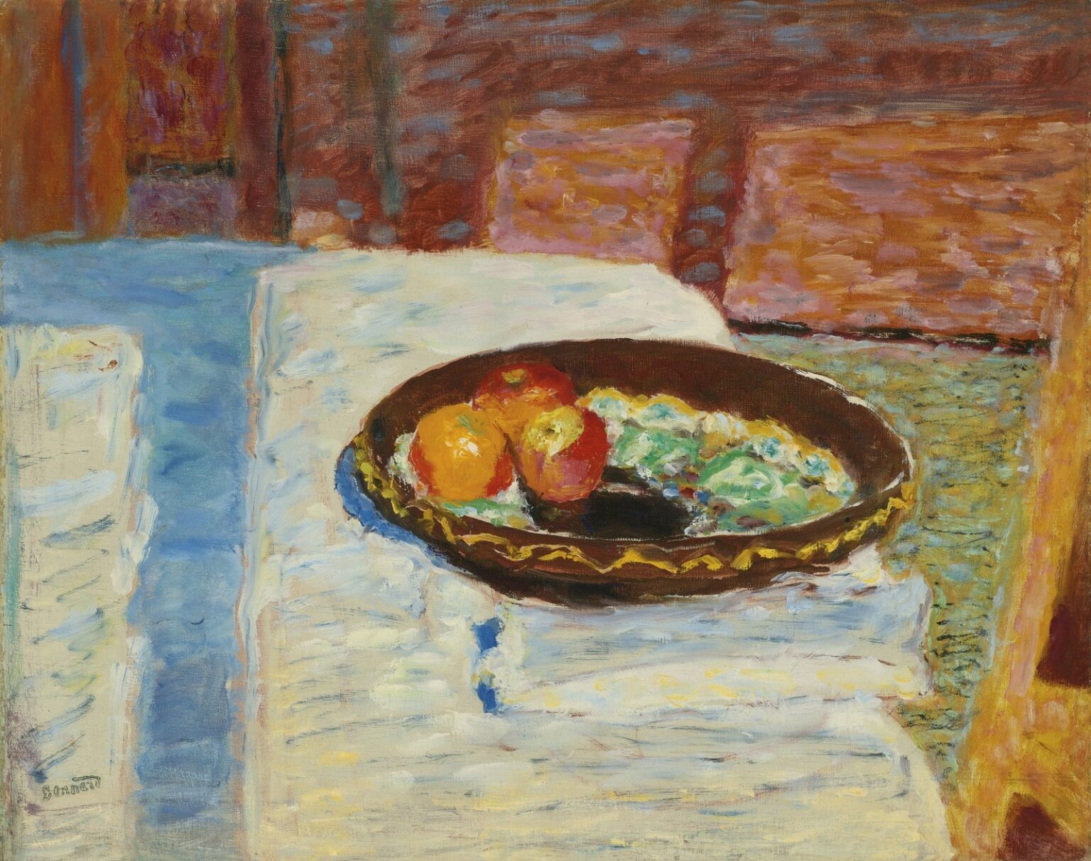 Bonnard Pommes dans un plat sur une nappe (c. 1935)