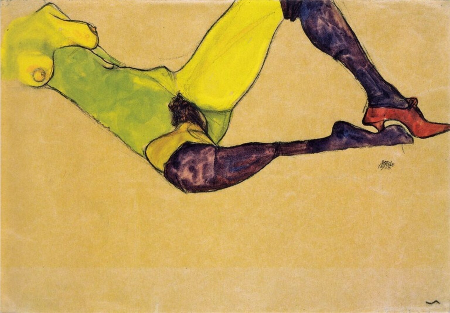 Schiele Reclining nude in violet stockings (1910)