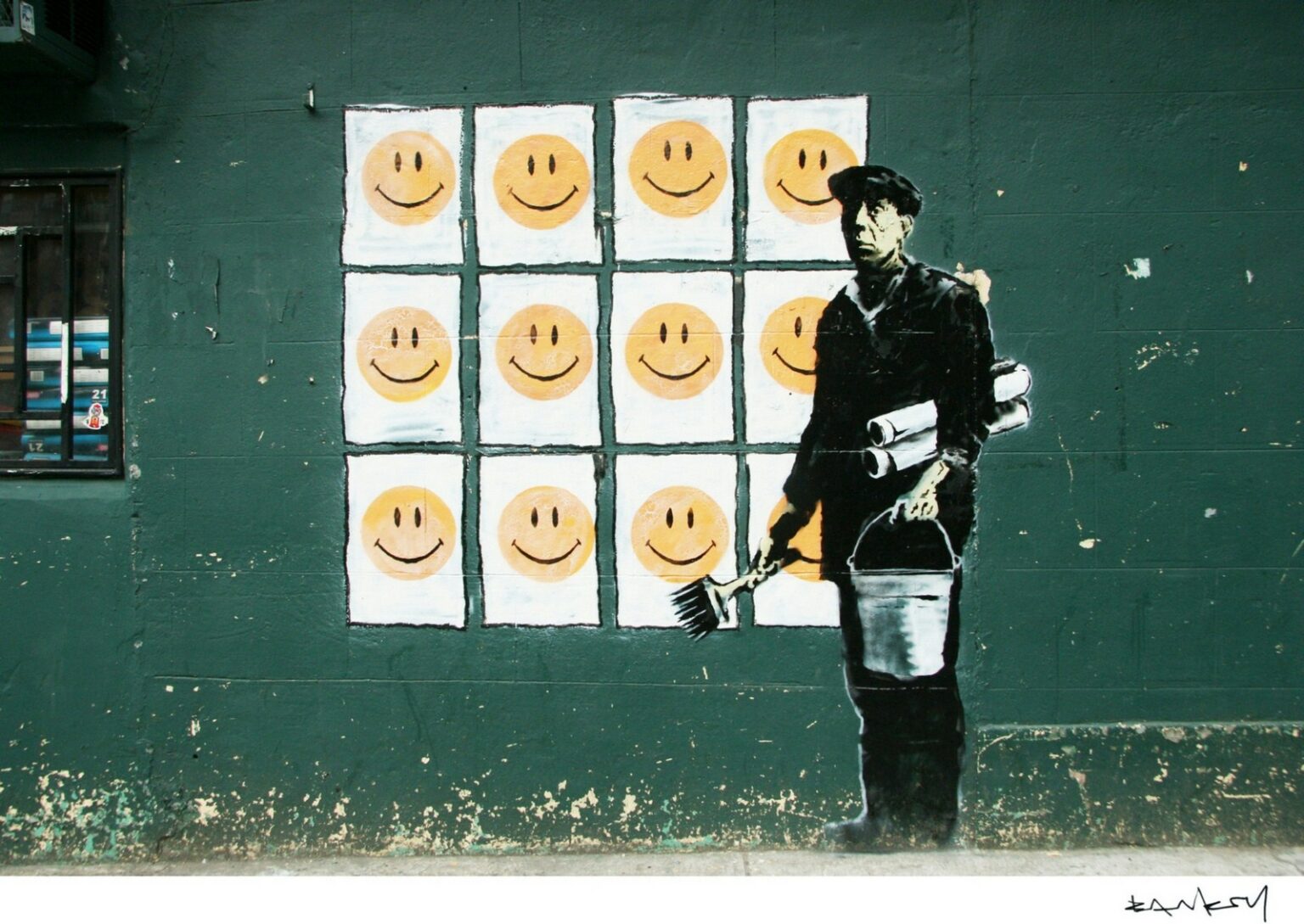 Banksy Sad man w Smiley posters