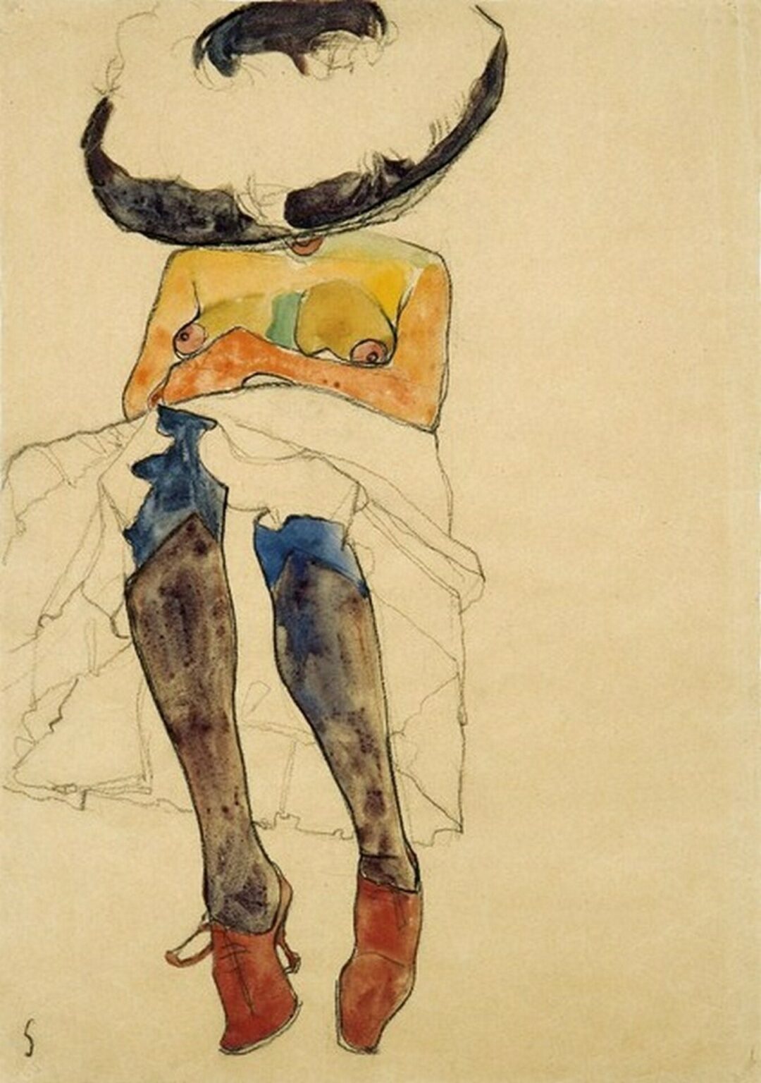 Schiele Seated semi-nude with hat and purple stockings (1910)