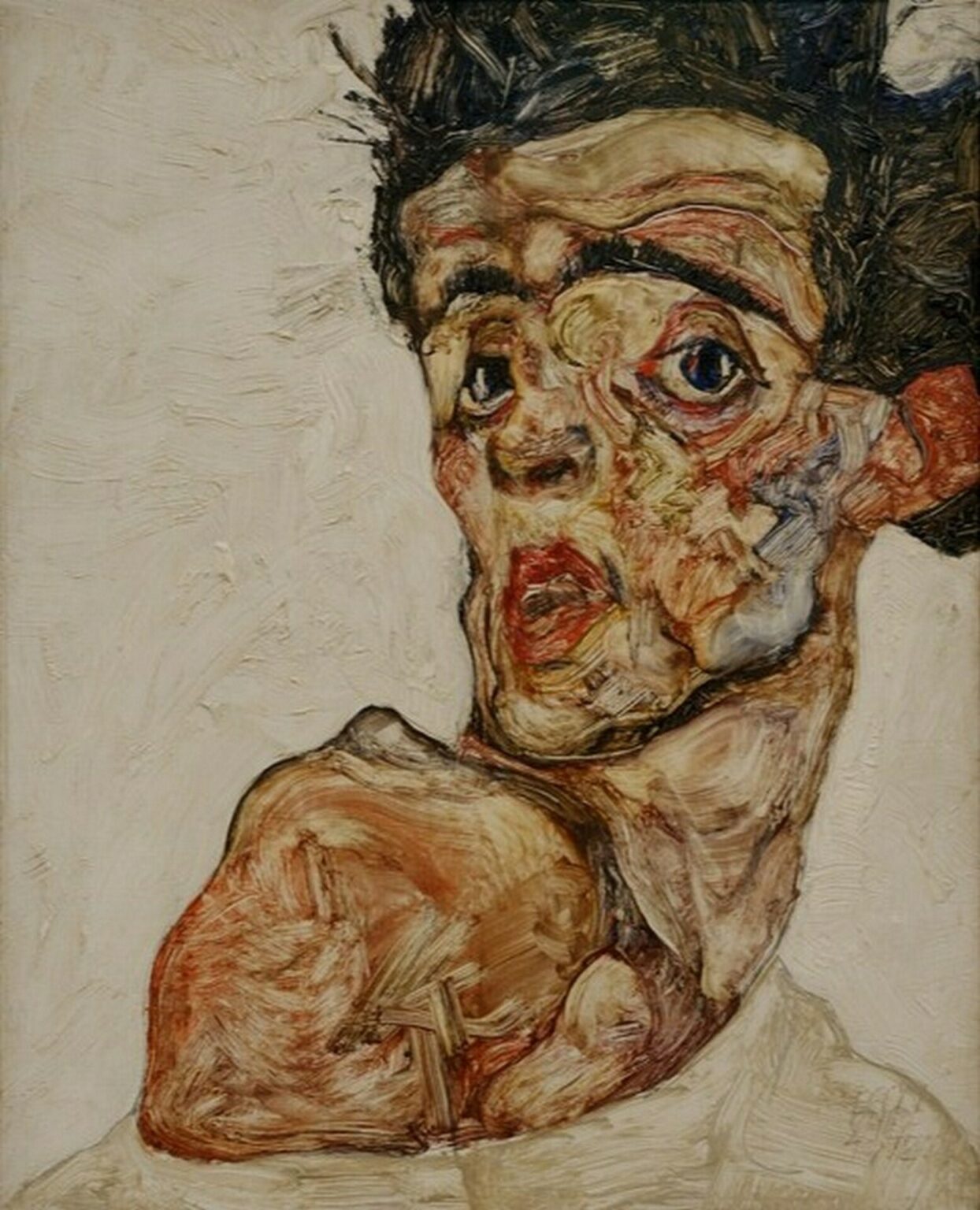 Schiele Self-portrait with raised bare shoulder (1912)