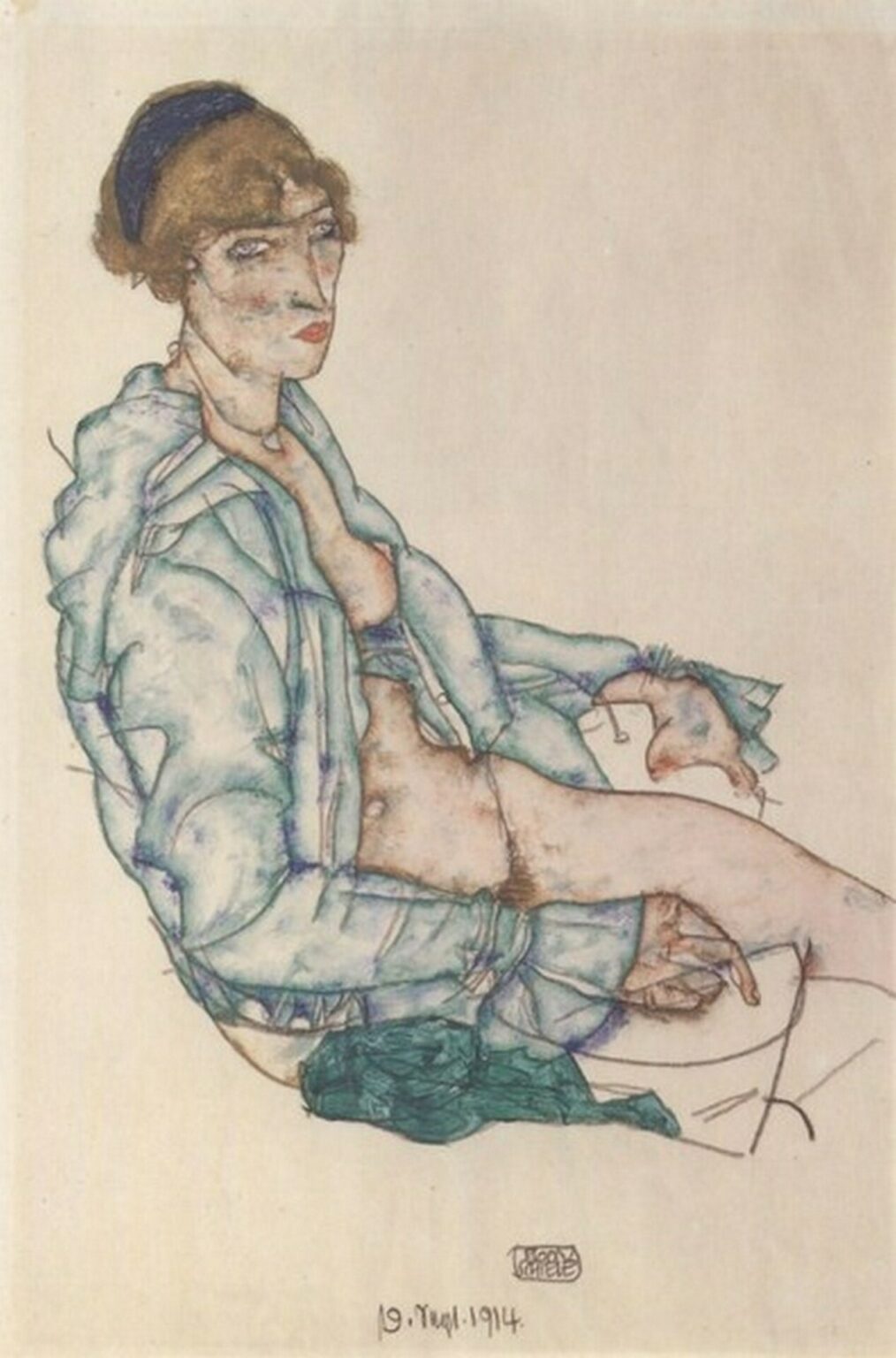 Schiele Sitzende frau mit blauem haarband (1914)