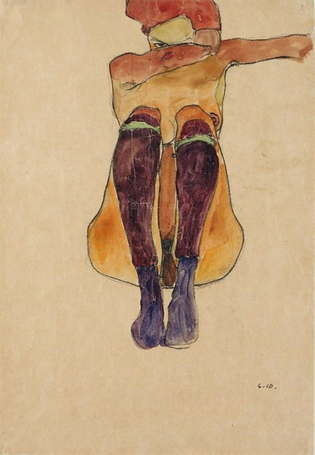 Schiele Sitzender Akt mit lila Strümpfen (1910)