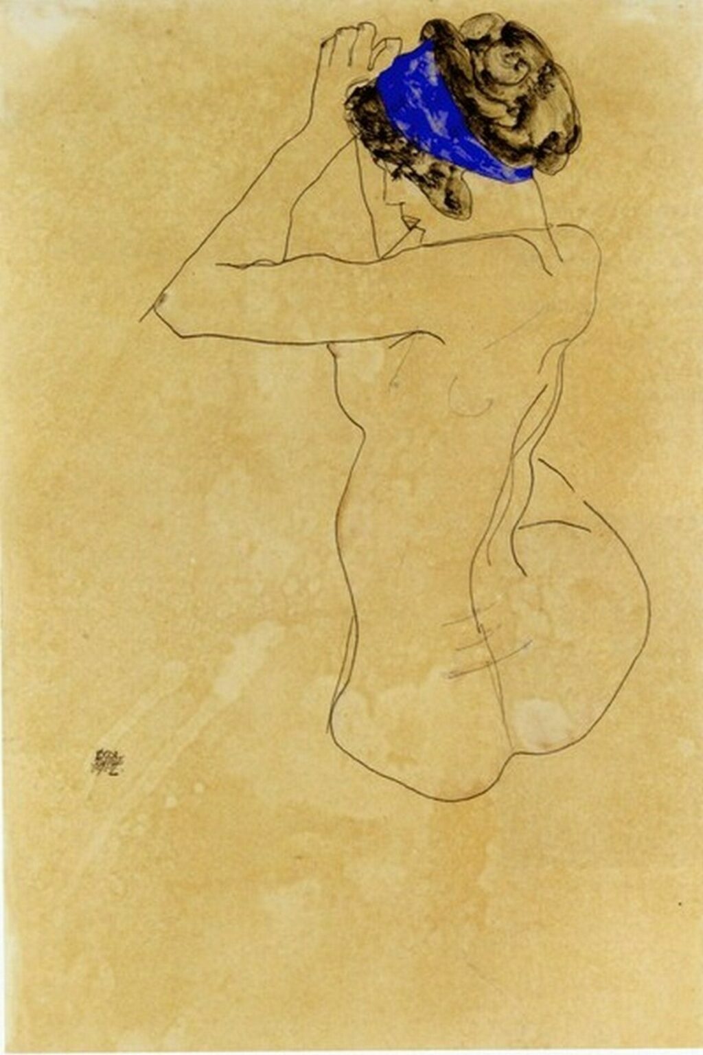 Schiele Sitzender Weiblicher Akt Mit Blauem Kopfband, Die Hande Erhoben (Seated Female Nude With Blue Headband, Hands Raised, 1912)
