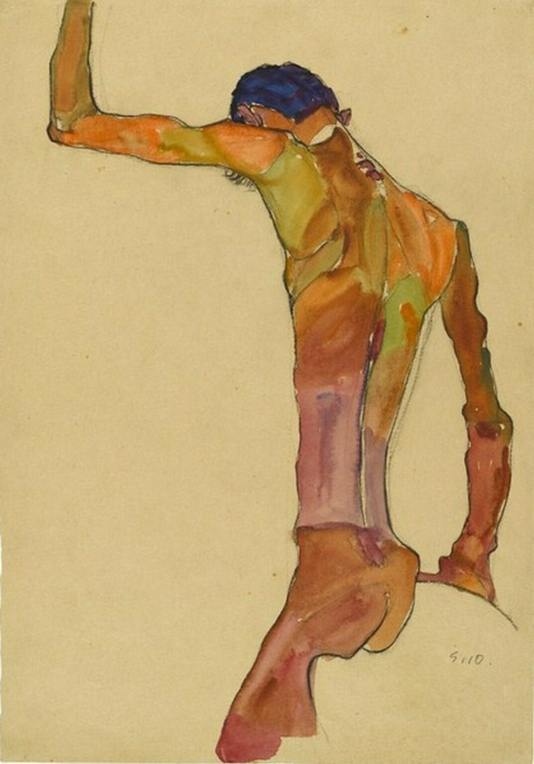 Schiele Standing Male Nude with Arm Raised, Back View (1910)