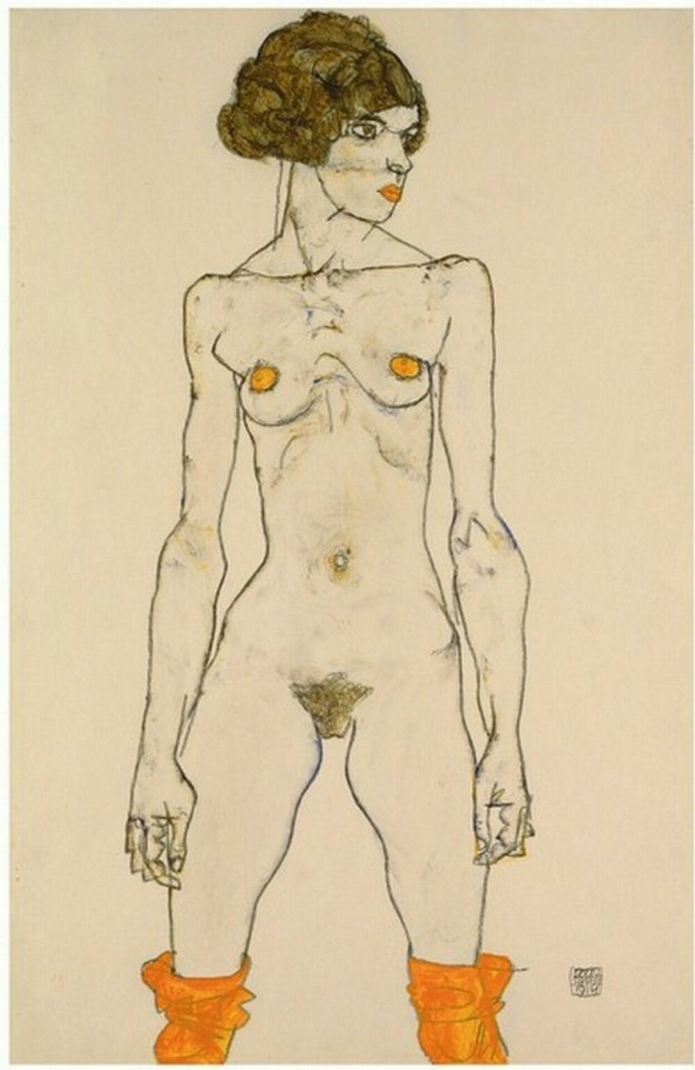 Schiele Stehendes nacktes Mädchen (Standing nude female with orange stockings, 1914)