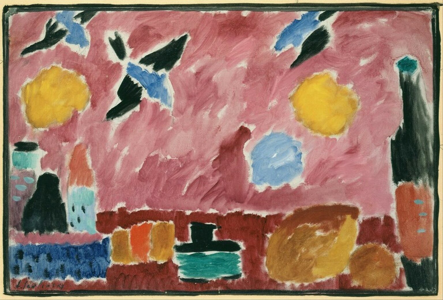 Jawlensky Still Life with Bottle, Bread and red Wallpaper with Swallows (1915)