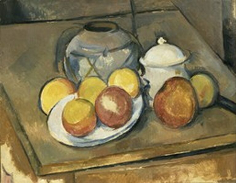 Cézanne Straw-Trimmed Vase, Sugar Bowl and Apples (1890-93)