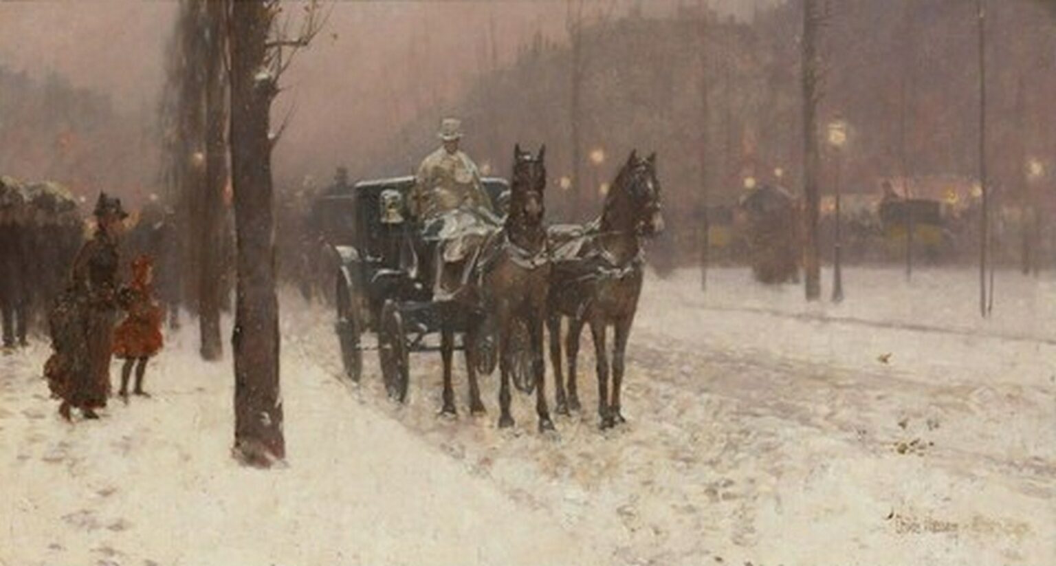 Hassam Street Scene with Hansom Cab (1887)