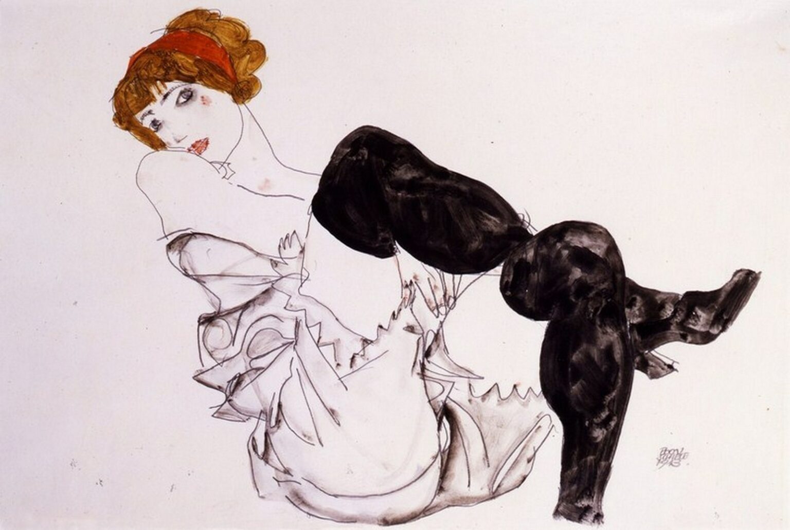Schiele Wally Neuzil in black stockings (1913)