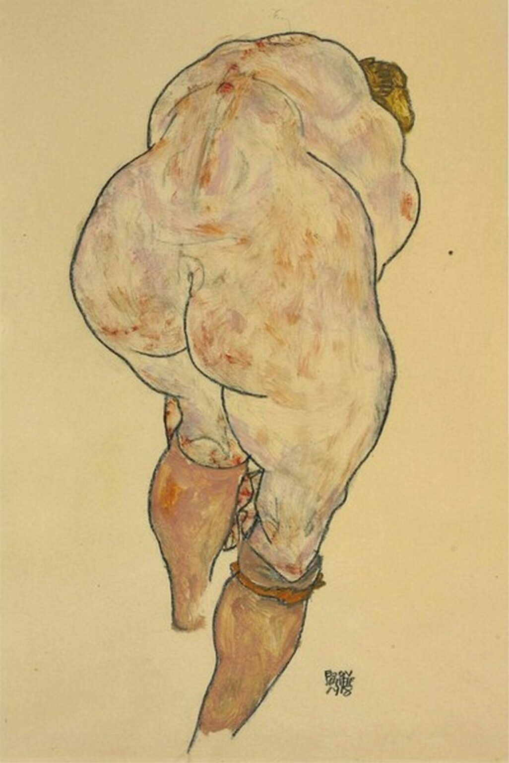 Schiele Weiblicher Rückenakt, Strümpfe Anziehend (Female Nude Pulling Up Stockings, Back View, 1918)