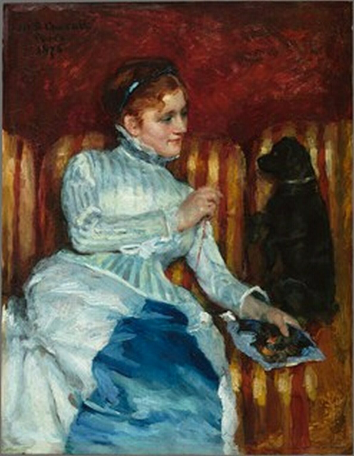 Cassatt Woman on a striped sofa with a dog