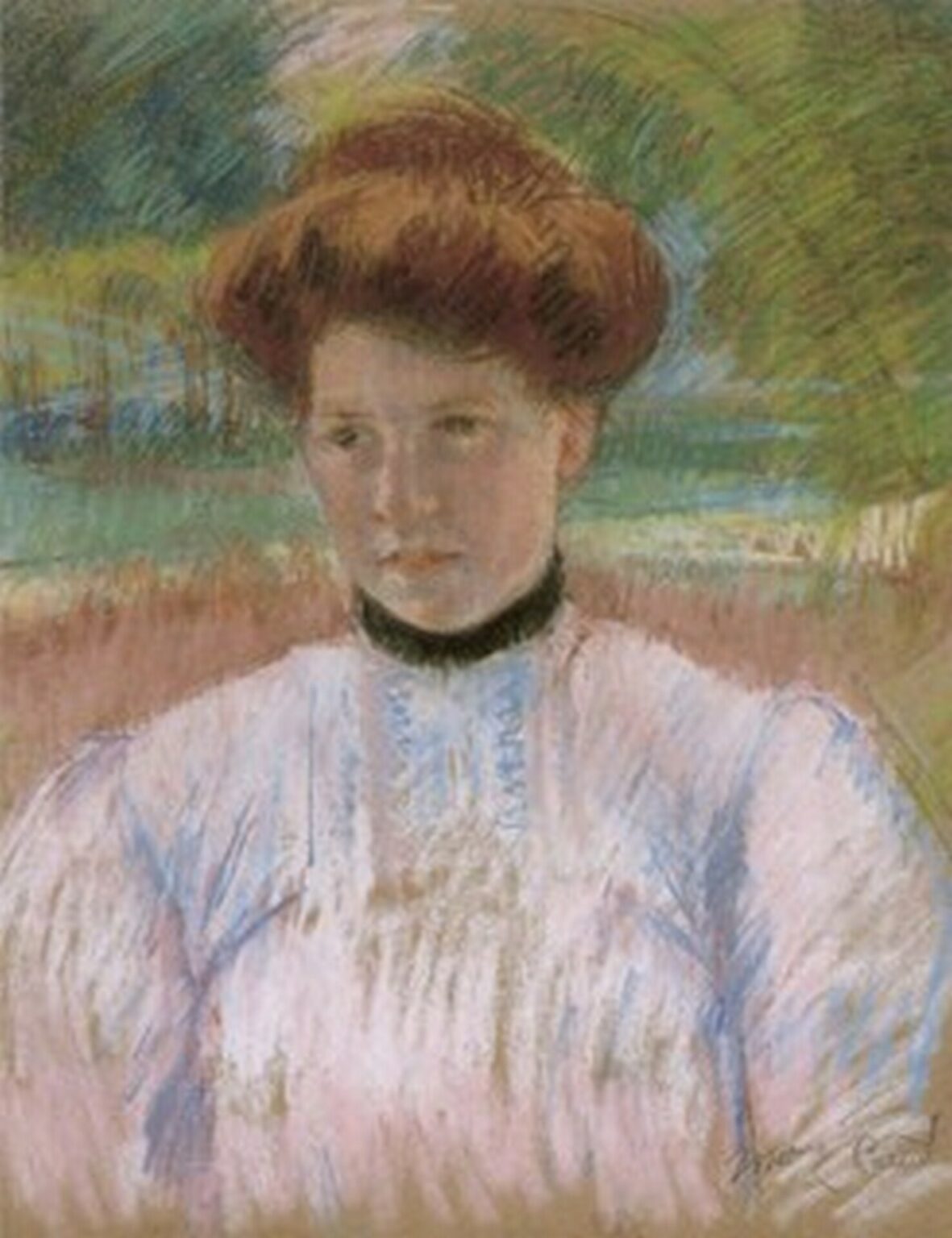 Cassatt Young woman with auburn hair in a pink blouse (1895)