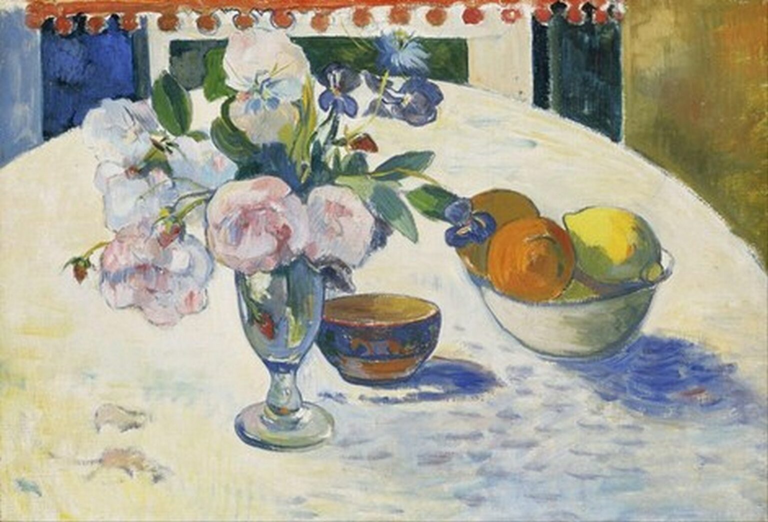 Gauguin Flowers and a Bowl of fruit on a Table (1894)